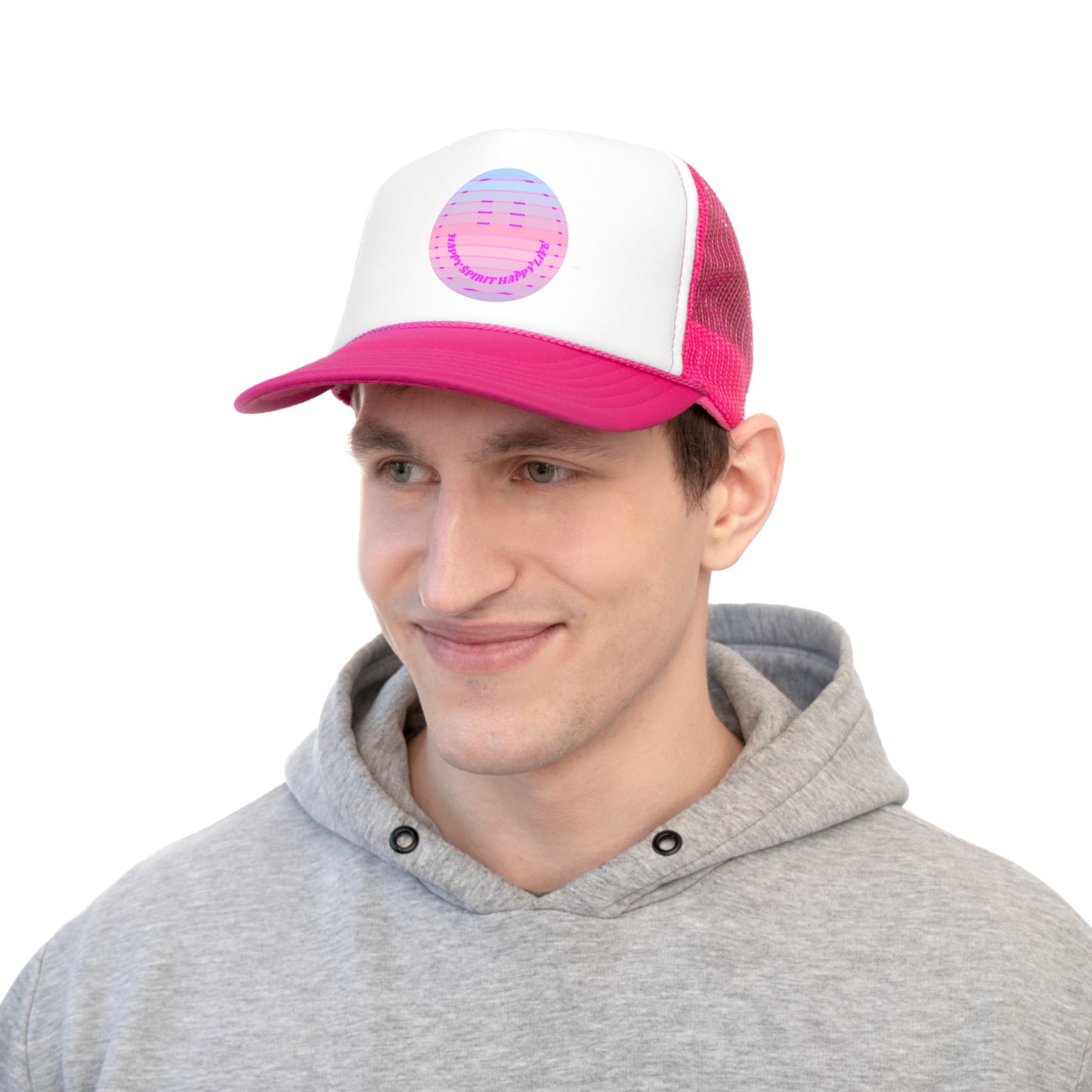 Hat Happy Spirit Happy Life, Aesthetic Sunset Hat, Smile Tumblr Hat, Trendy Trucker Hat, Vsco Girl, Pink Graphic Trucker Hat, Baseball Hat