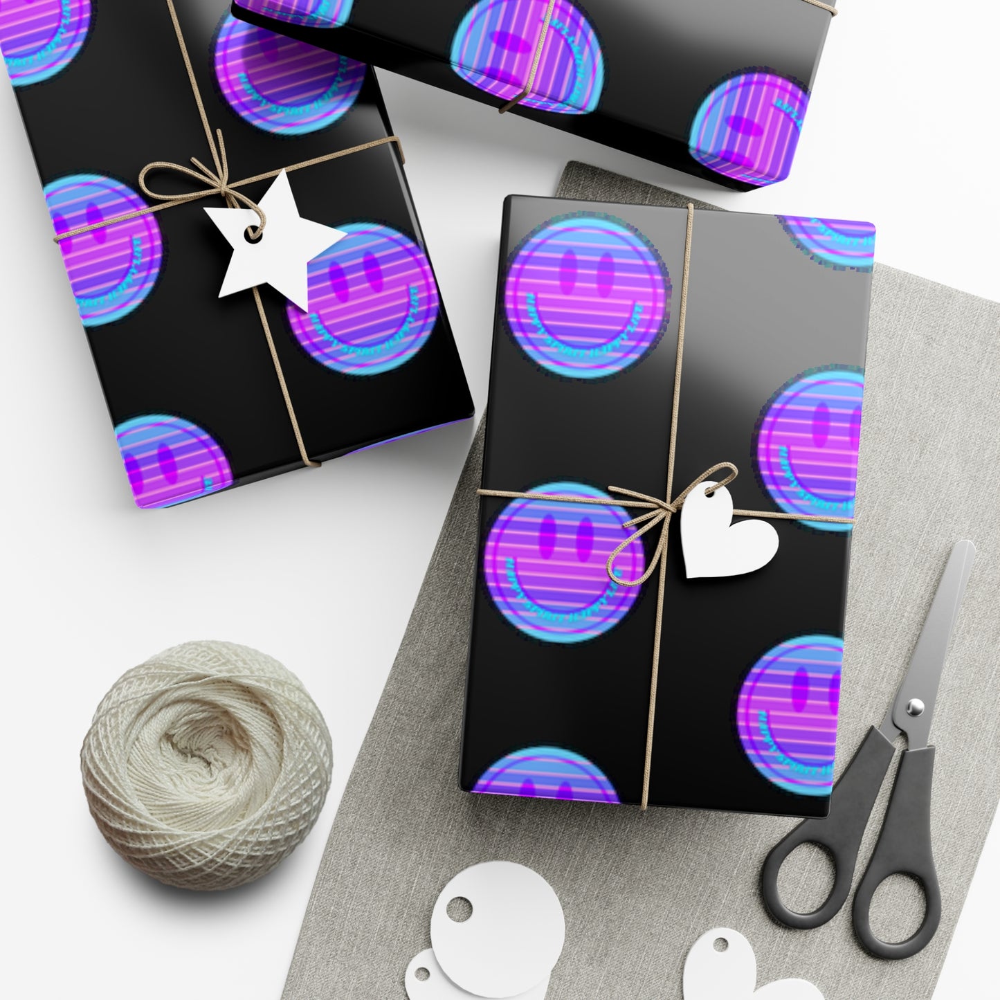 Aesthetic Gift Wrap Paper, Pink Smile Face Gift Wrap Paper, Blue Purple Smile Wrapping Paper, Pastel Christmas Paper, Black Purple Holiday