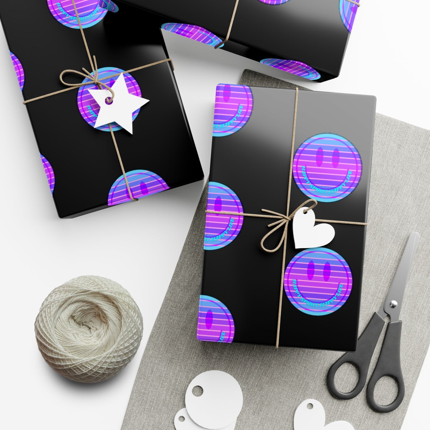 Aesthetic Gift Wrap Paper, Pink Smile Face Gift Wrap Paper, Blue Purple Smile Wrapping Paper, Pastel Christmas Paper, Black Purple Holiday