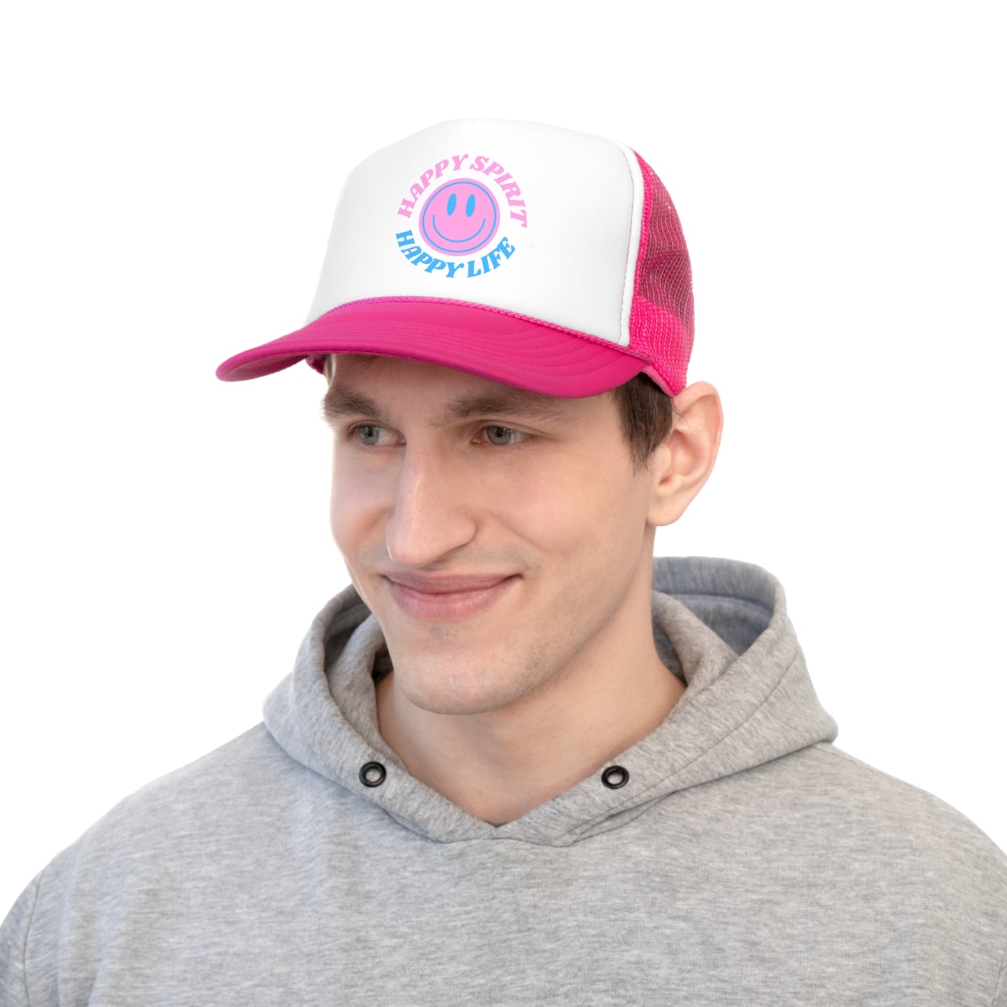 Hat Happy Spirit Happy Life- Aesthetic Hat, Smile Tumblr hat, Trendy Oversized hat, Vsco girl, Pink Graphic Trucker Hat, Baseball Hat