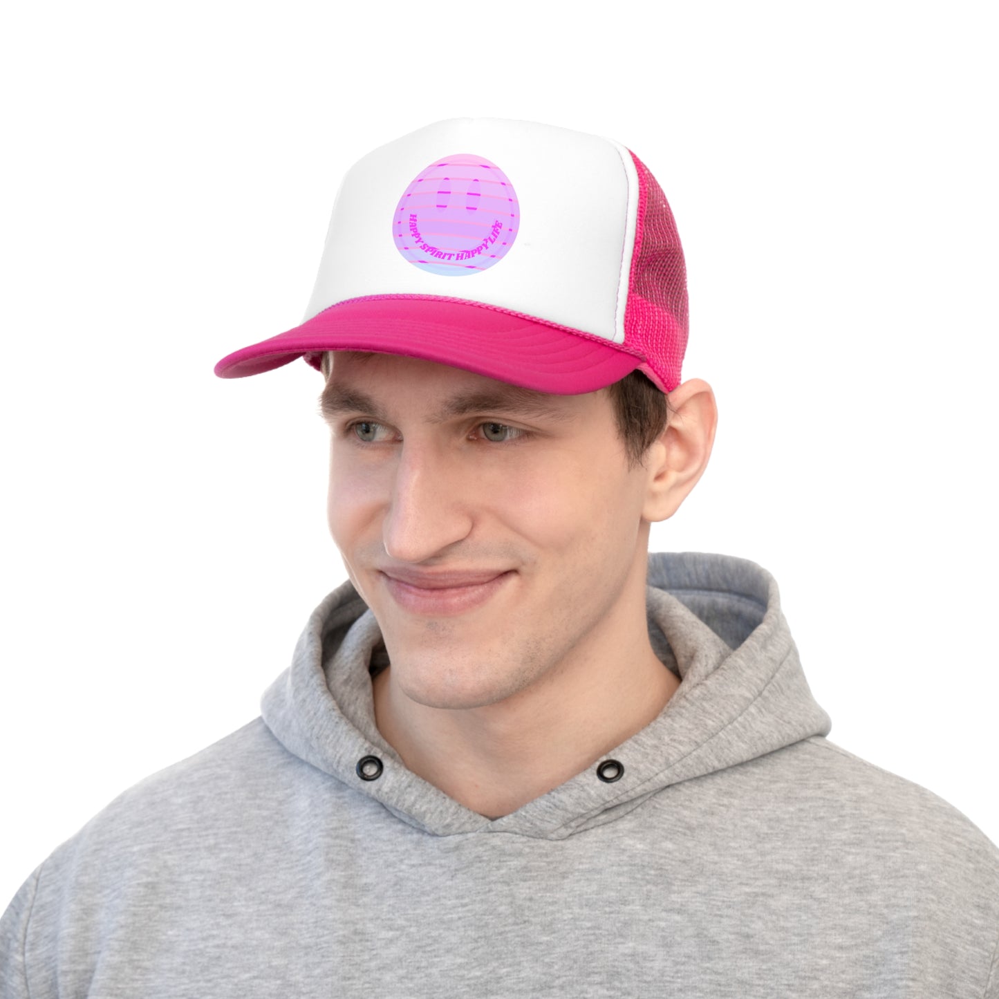 Hat Happy Spirit Happy Life, Aesthetic Sunset Hat, Smile Tumblr Hat, Trendy Trucker Hat, Vsco Girl, Pink Graphic Trucker Hat, Baseball Hat