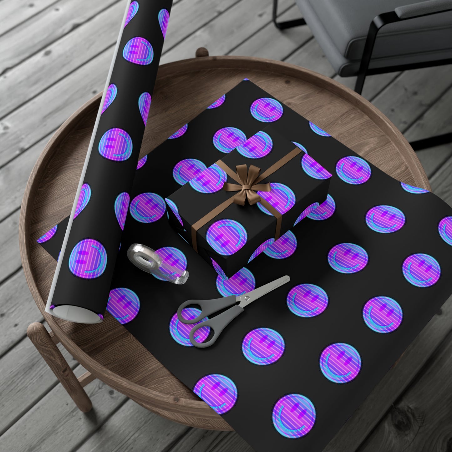 Aesthetic Gift Wrap Paper, Pink Smile Face Gift Wrap Paper, Blue Purple Smile Wrapping Paper, Pastel Christmas Paper, Black Purple Holiday