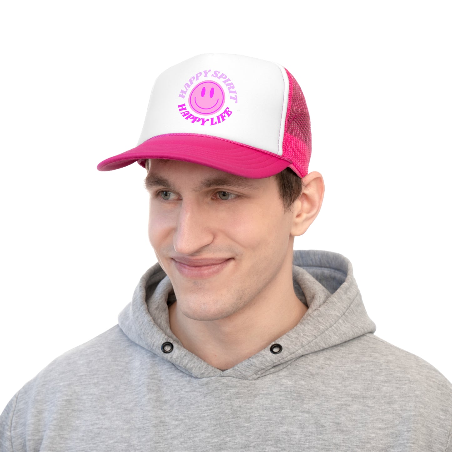 Hat Happy Spirit Happy Life- Aesthetic Hat, Smile Tumblr hat, Trendy Oversized hat, Vsco girl, Pink Graphic Trucker Hat, Baseball Hat