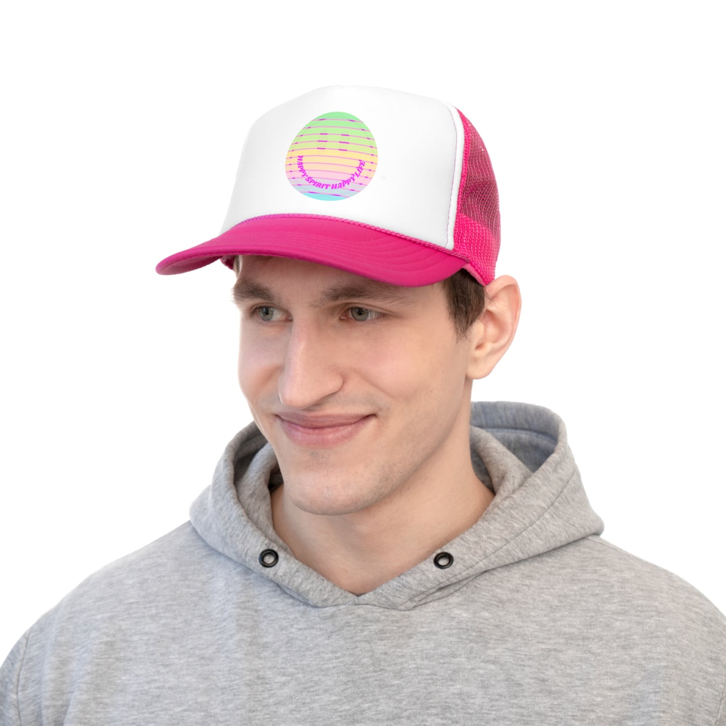 Hat Happy Spirit Happy Life, Aesthetic Sunset Hat, Smile Tumblr Hat, Trendy Trucker Hat, Vsco Girl, Pink Graphic Trucker Hat, Baseball Hat