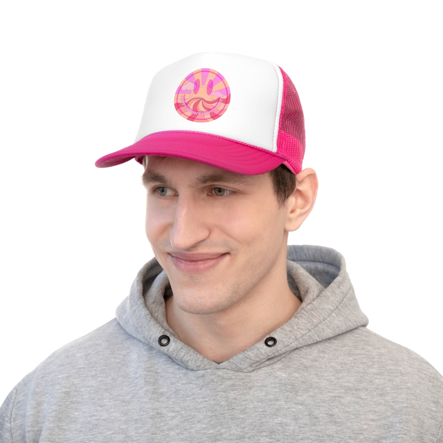 Hat Happy Spirit Happy Life, Aesthetic Sunset Hat, Smile Tumblr Hat, Trendy Trucker Hat, Vsco Girl, Pink Graphic Trucker Hat, Baseball Hat