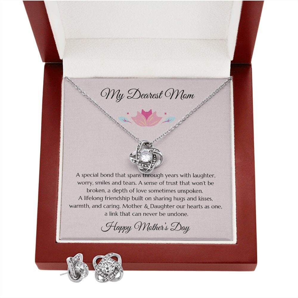 Mother’s Day Gift, Mom Gift from Daughter, Mother Gift, Mom Gold Heart Necklace and Earrings Set, Mom Poem, Gold Love Knot Necklace, Daughter Gift to Mom