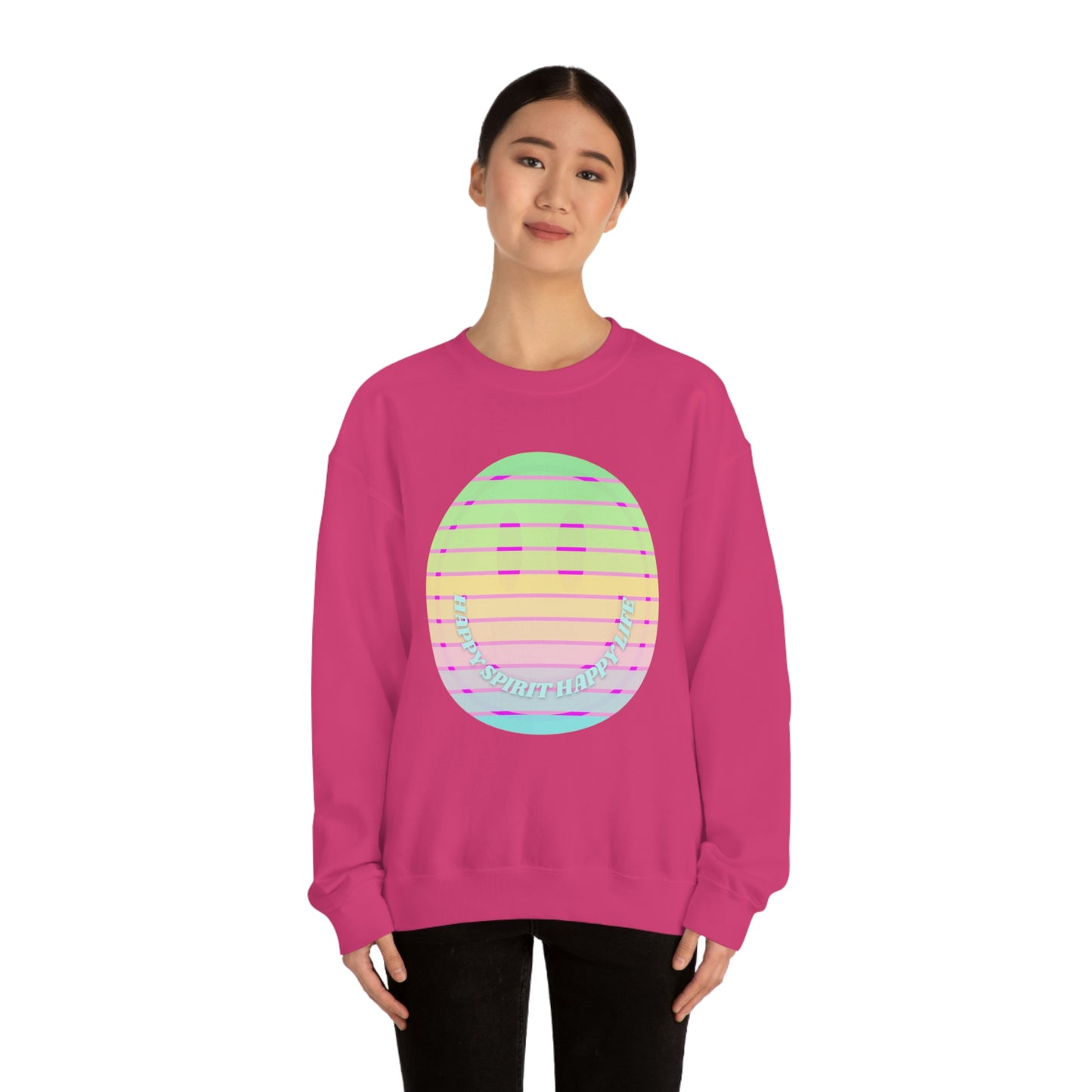 Happy Spirit Happy Life Sweatshirt, VSCO Girl Crewneck, Oversized Retro Font Graphic Tumblr, Front Print Smile Face Trendy Cover Up