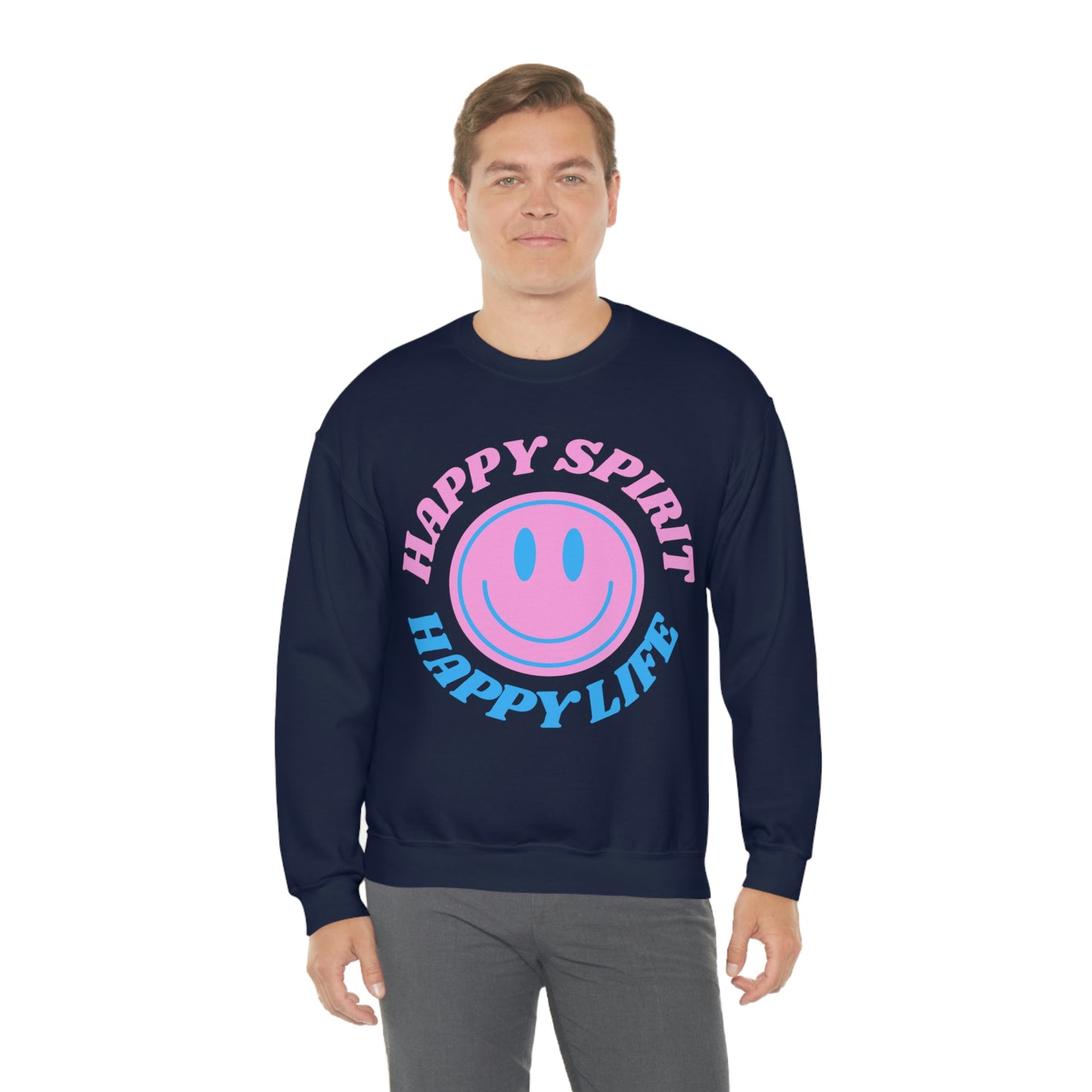 Happy Spirit Happy Life Sweatshirt, VSCO Girl Crewneck, Oversized Retro Font Graphic Tumblr, Front Print Smile Face Trendy Cover Up
