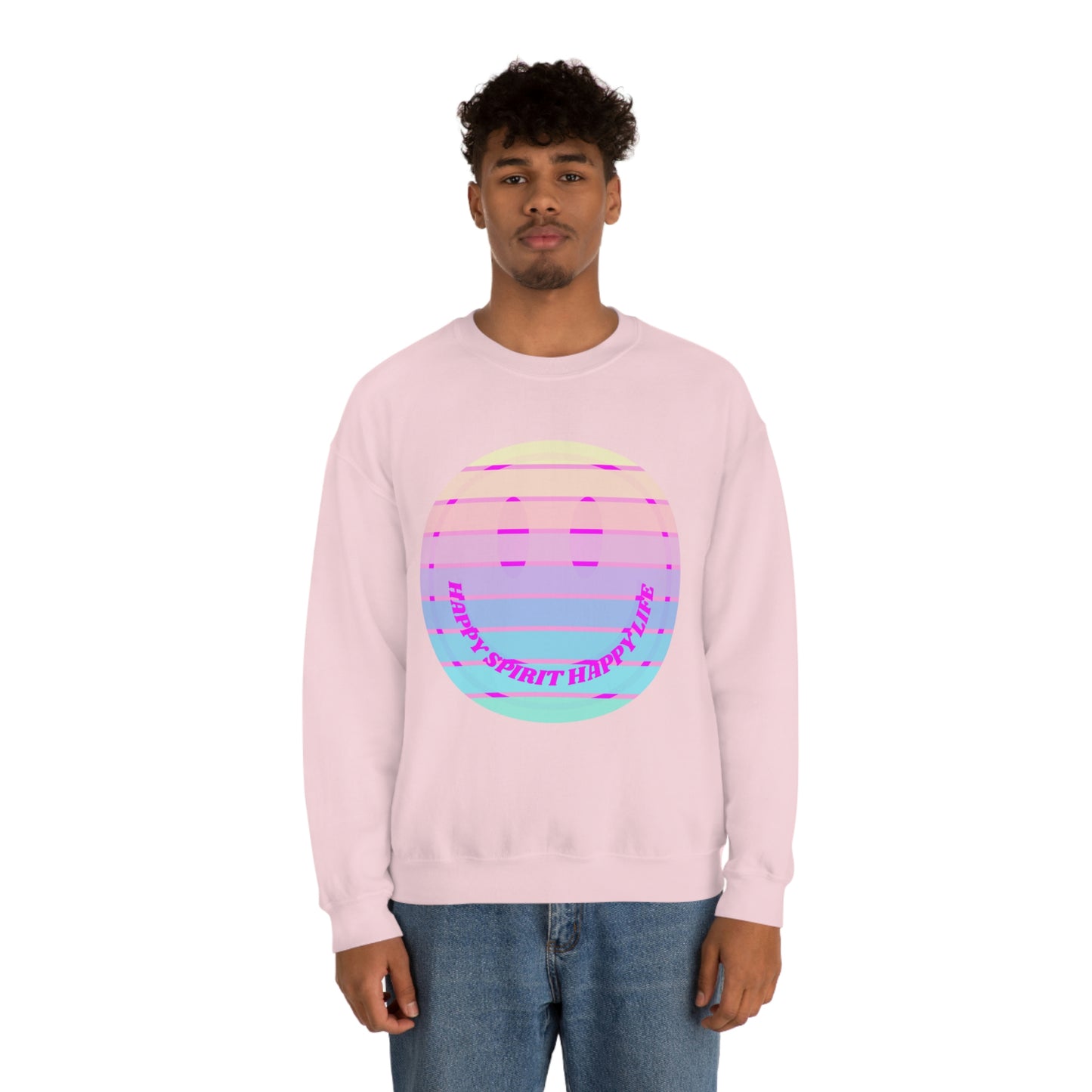 Happy Spirit Happy Life Sweatshirt, VSCO Girl Crewneck, Oversized Retro Font Graphic Tumblr, Front Print Smile Face Trendy Cover Up