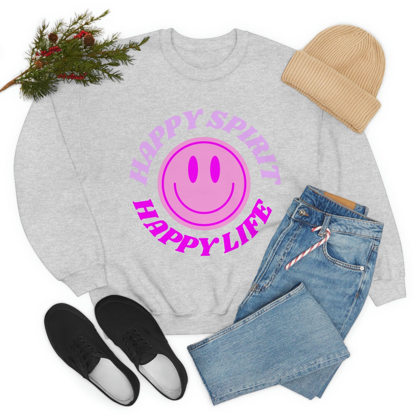 Happy Spirit Happy Life Sweatshirt, VSCO Girl Crewneck, Oversized Retro Font Graphic Tumblr, Front Print Smile Face Trendy Cover Up