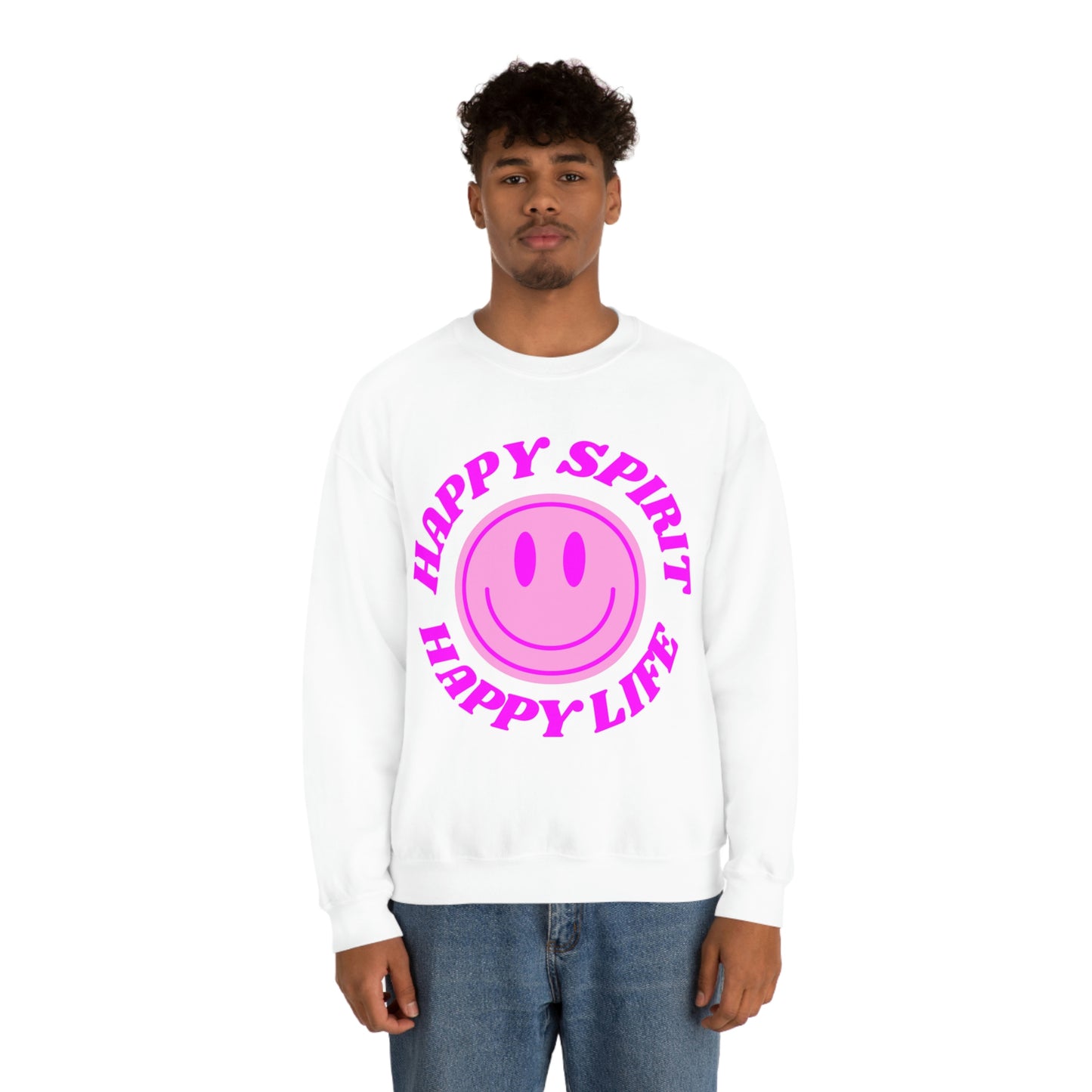 Happy Spirit Happy Life Sweatshirt, VSCO Girl Crewneck, Oversized Retro Font Graphic Tumblr, Front Print Smile Face Trendy Cover Up