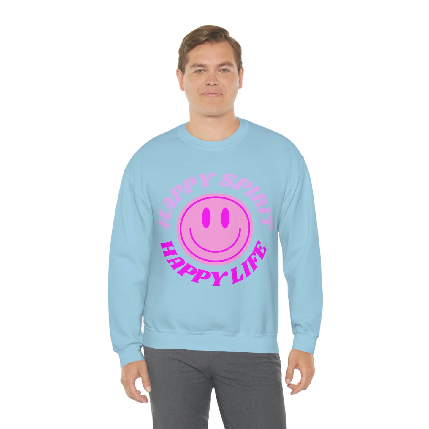 Happy Spirit Happy Life Sweatshirt, VSCO Girl Crewneck, Oversized Retro Font Graphic Tumblr, Front Print Smile Face Trendy Cover Up