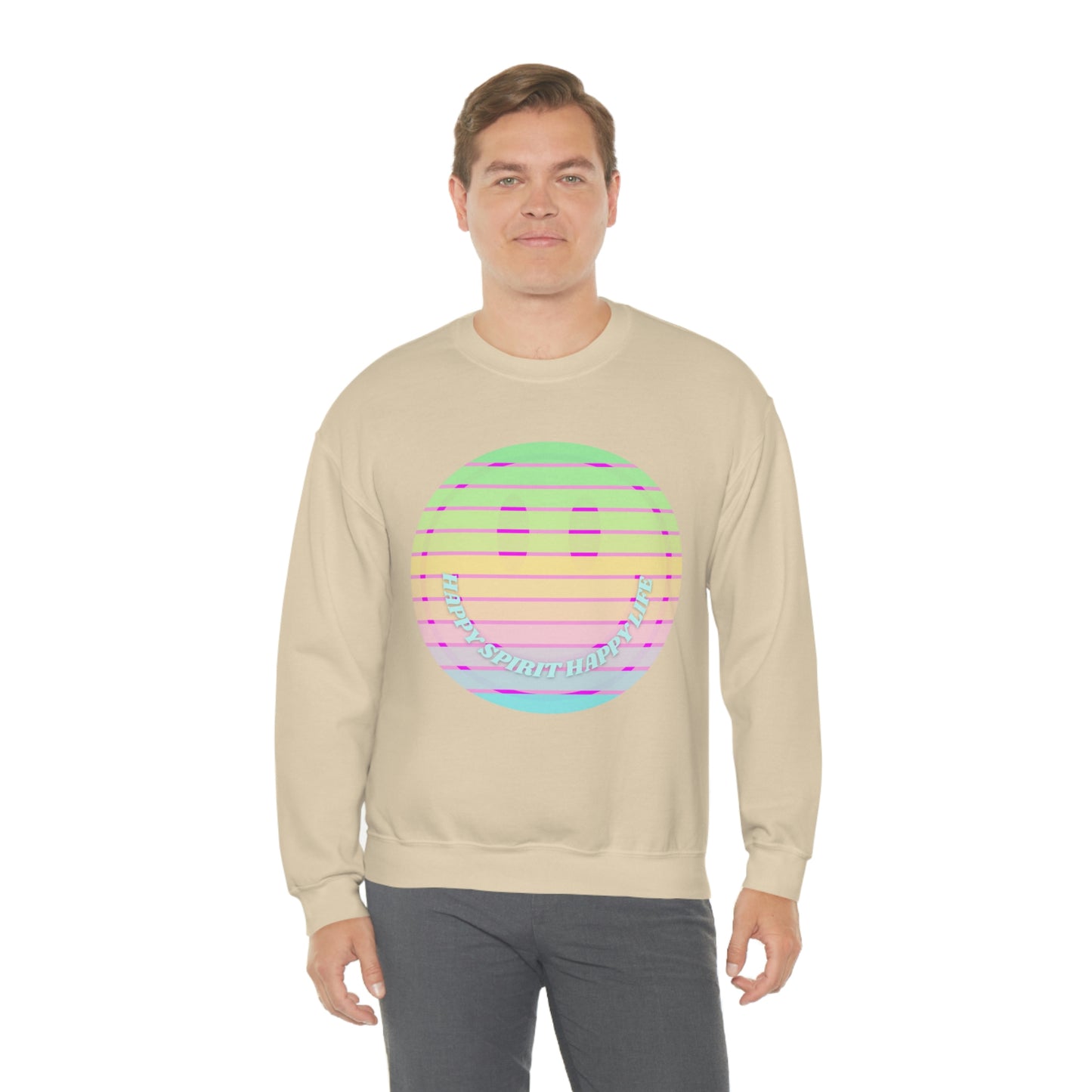 Happy Spirit Happy Life Sweatshirt, VSCO Girl Crewneck, Oversized Retro Font Graphic Tumblr, Front Print Smile Face Trendy Cover Up