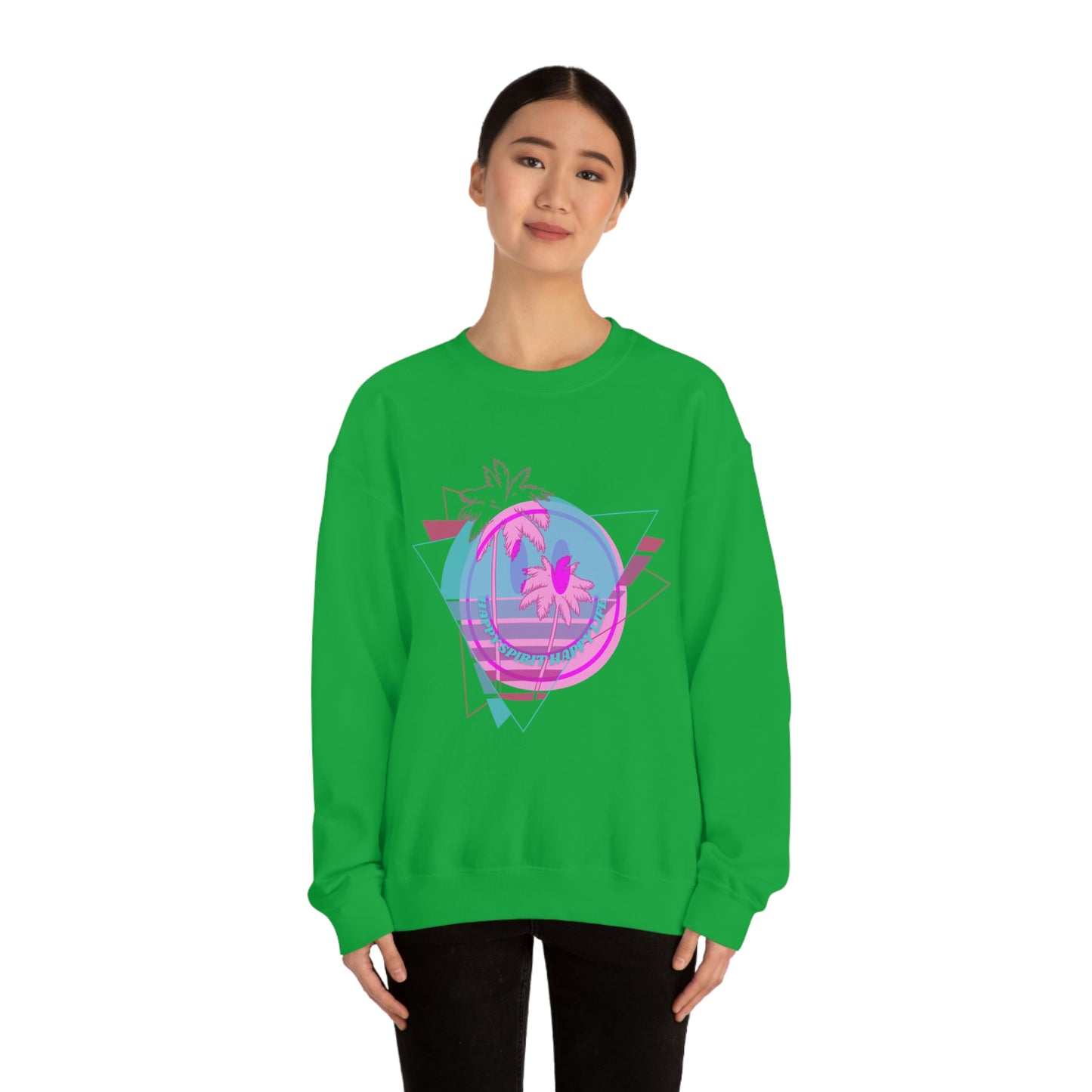 Happy Spirit Happy Life Sweatshirt, VSCO Girl Crewneck, Oversized Retro Font Graphic Tumblr, Front Print Smile Face Trendy Cover Up
