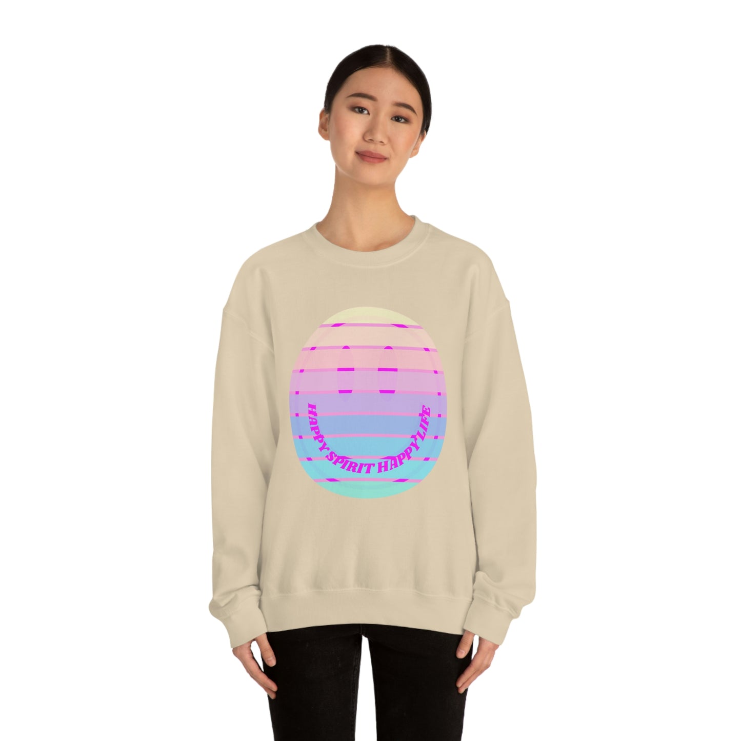 Happy Spirit Happy Life Sweatshirt, VSCO Girl Crewneck, Oversized Retro Font Graphic Tumblr, Front Print Smile Face Trendy Cover Up