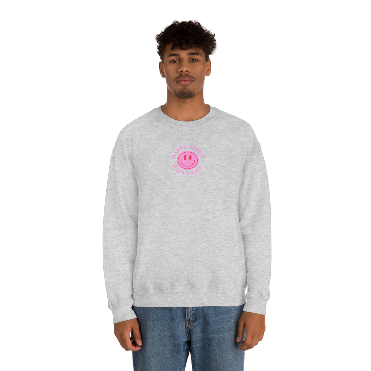 Happy Spirit Happy Life Sweatshirt, Gildan VSCO Girl Crewneck, Oversized Tumblr Front Back Print Smile Happy Mind Trendy Loungewear