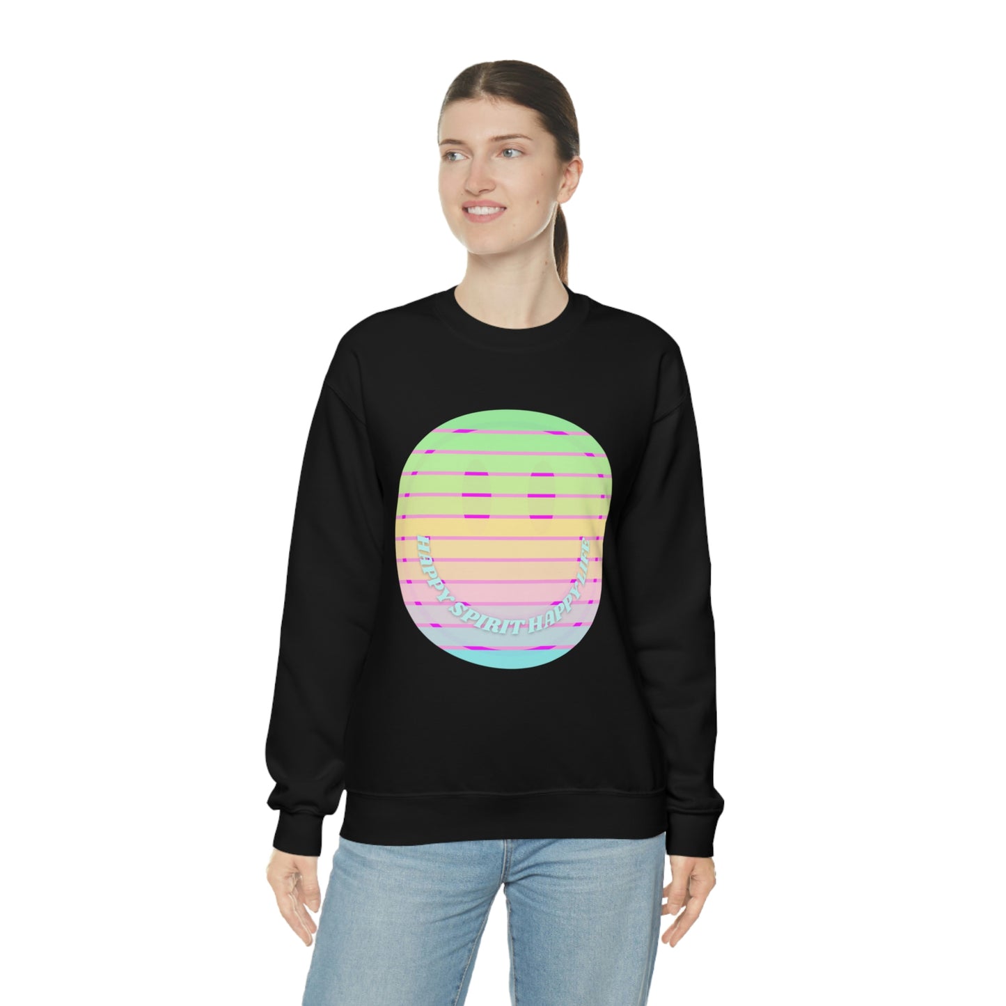 Happy Spirit Happy Life Sweatshirt, VSCO Girl Crewneck, Oversized Retro Font Graphic Tumblr, Front Print Smile Face Trendy Cover Up