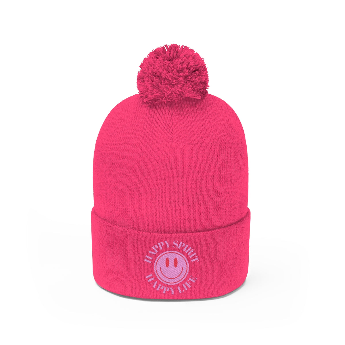 Happy Spirit Happy Life Pom Pom Beanie, Pink Smile Face Skull Cap, Aesthetic Pink Smile Winter Wool Hat