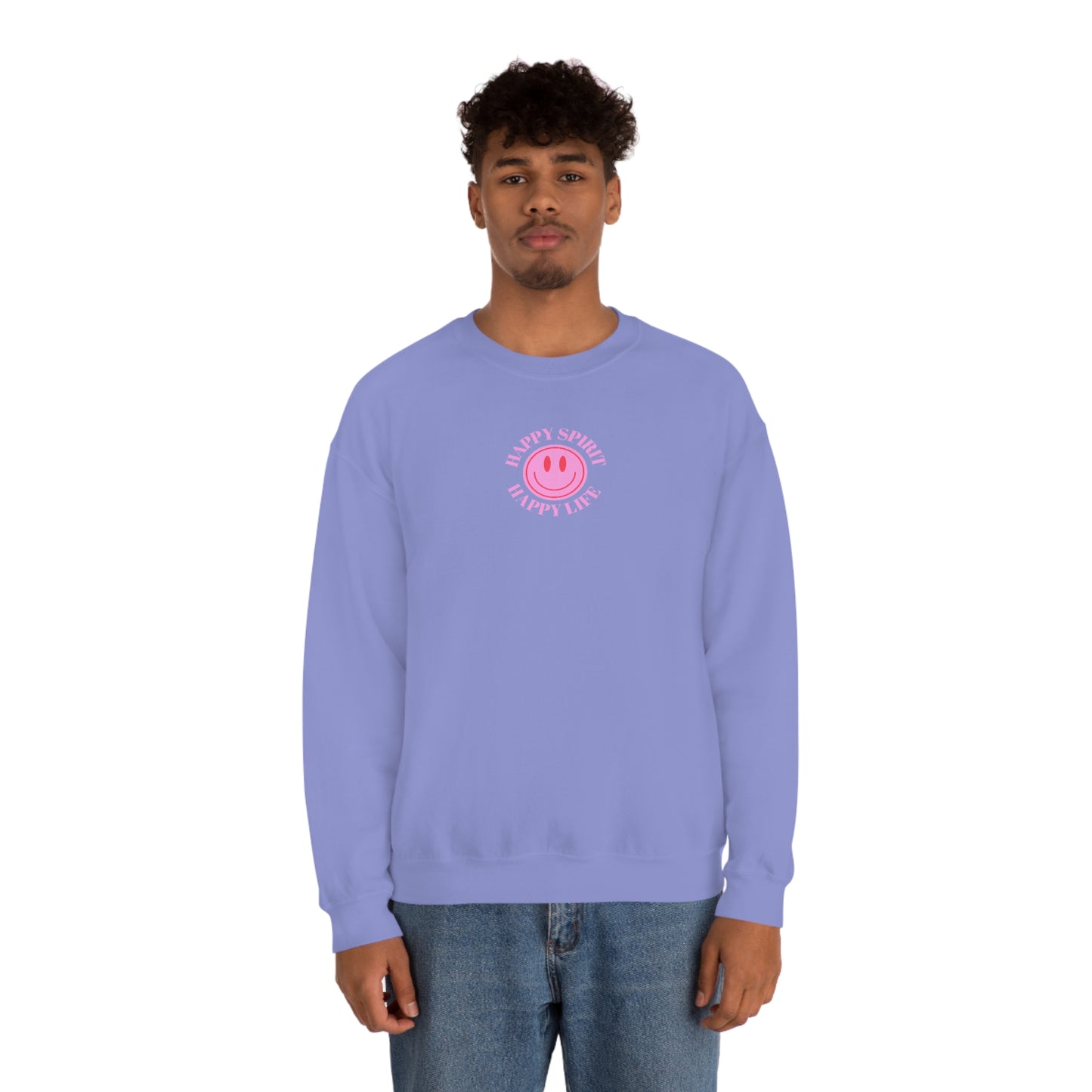 Retro Happy Spirit Happy Life Lavender Lilac Pink Smile Graphic Crewneck, VSCO Girl Sweatshirt, Tumblr Oversized Trendy Back Print Y2k Top