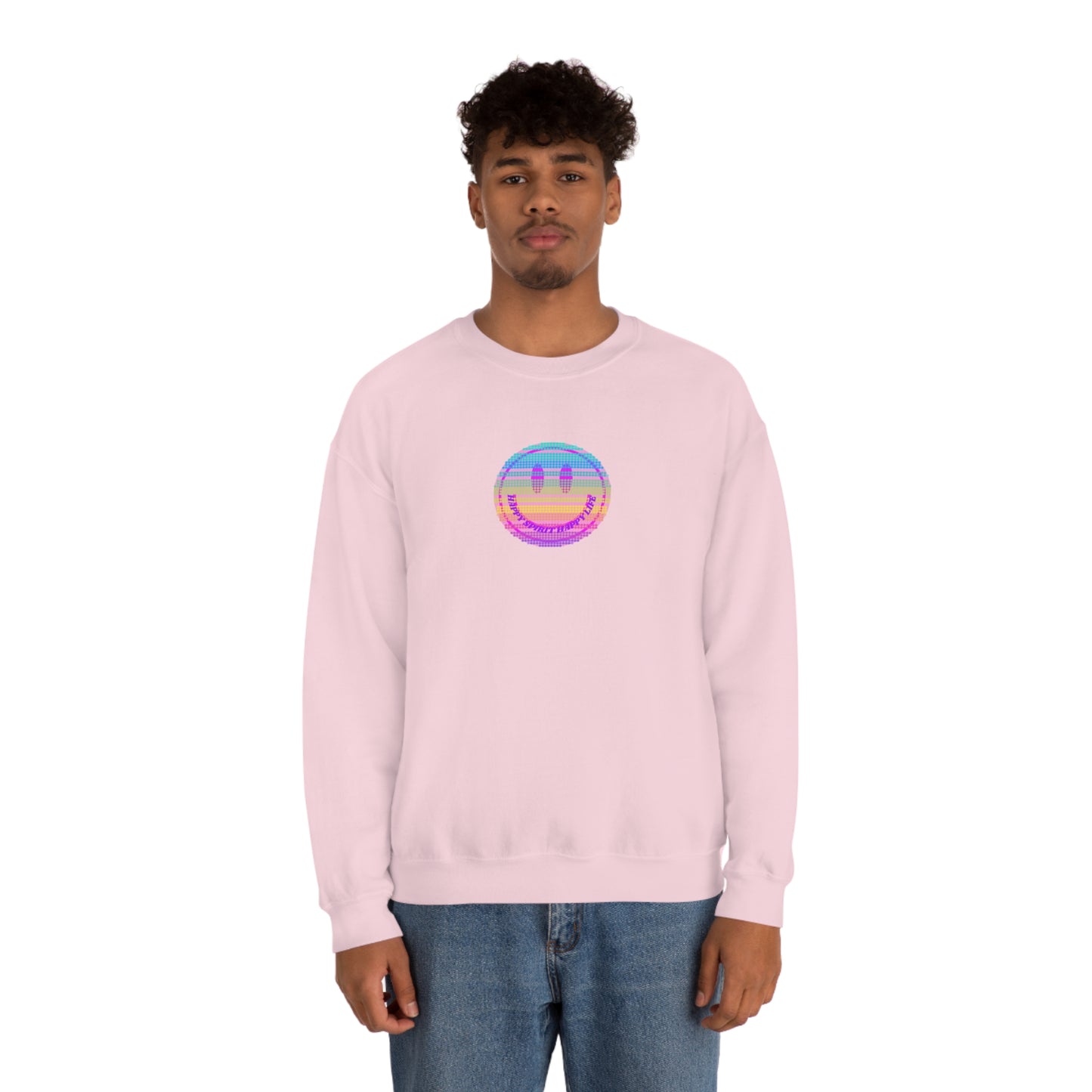Happy Spirit Happy Life Sweatshirt, VSCO Girl Crewneck, Oversized Retro Font Graphic Tumblr, Front Print Smile Face Trendy Cover Up