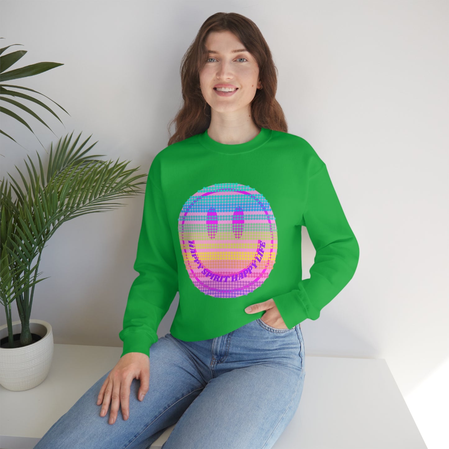 Happy Spirit Happy Life Sweatshirt, VSCO Girl Crewneck, Oversized Retro Font Graphic Tumblr, Front Print Smile Face Trendy Cover Up