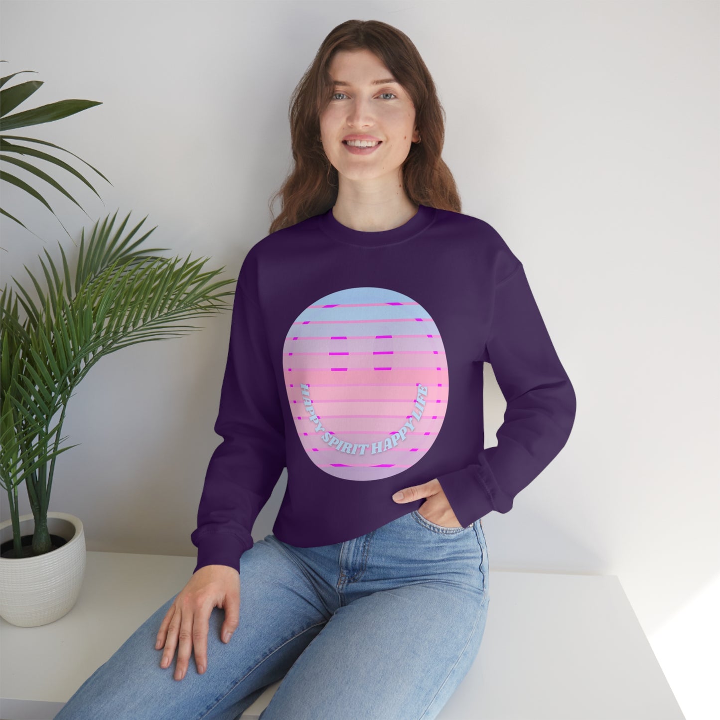 Happy Spirit Happy Life Sweatshirt, VSCO Girl Crewneck, Oversized Retro Font Graphic Tumblr, Front Print Smile Face Trendy Cover Up