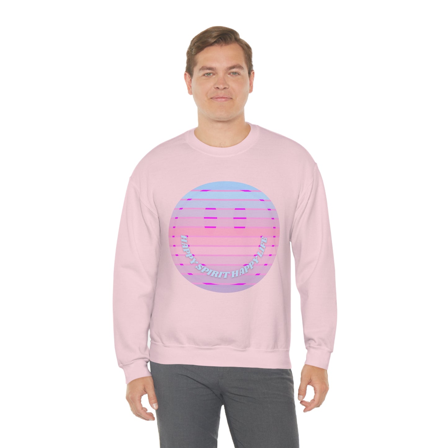 Happy Spirit Happy Life Sweatshirt, VSCO Girl Crewneck, Oversized Retro Font Graphic Tumblr, Front Print Smile Face Trendy Cover Up