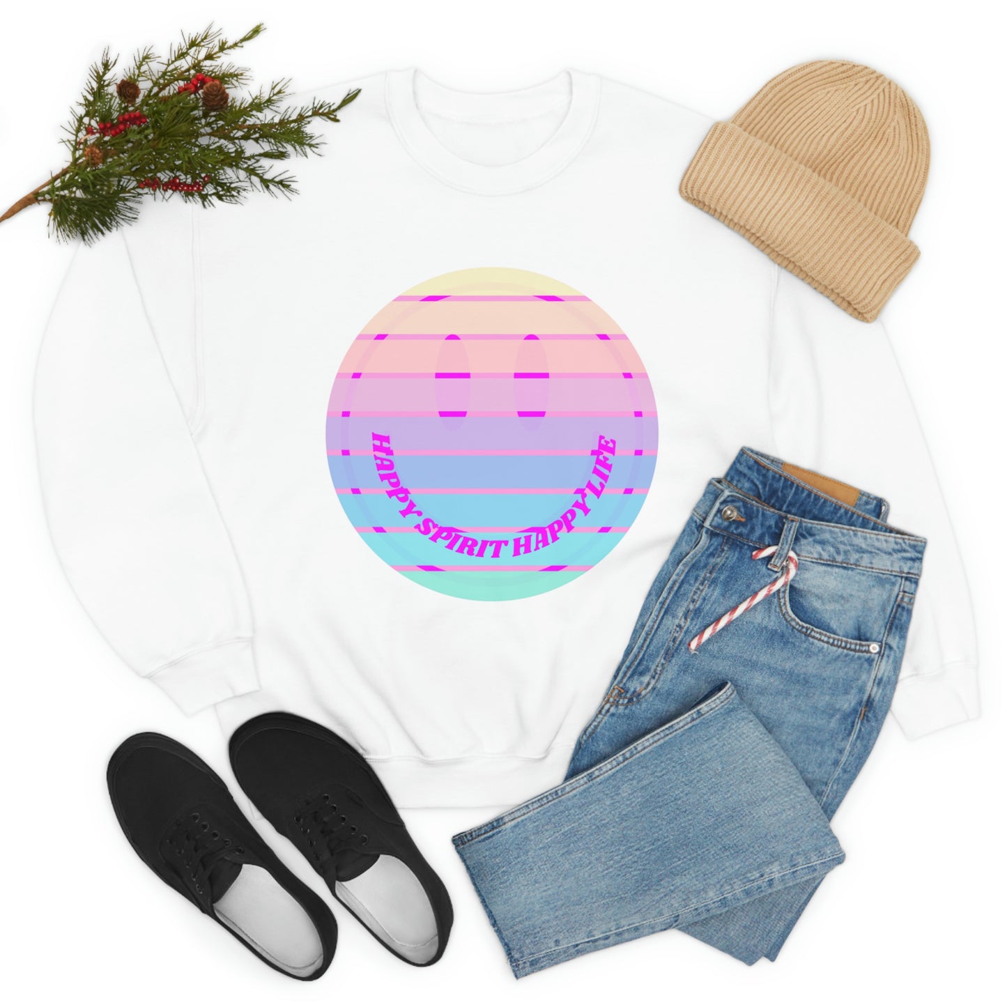 Happy Spirit Happy Life Sweatshirt, VSCO Girl Crewneck, Oversized Retro Font Graphic Tumblr, Front Print Smile Face Trendy Cover Up