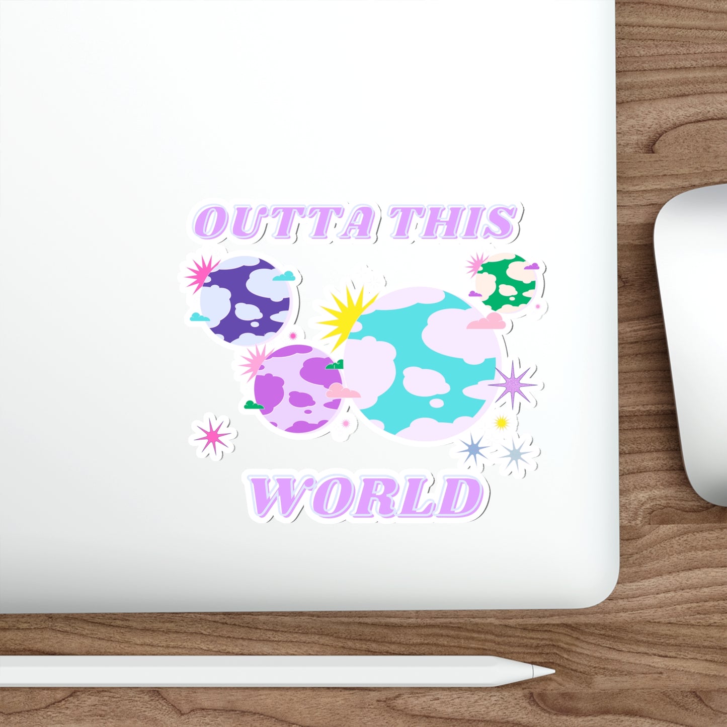 Retro Aesthetic Sticker Outta This World, Happy Mind Positivity Die-Cut Sticker, Pink Purple Galaxy Earth Smile Y2K Graphic