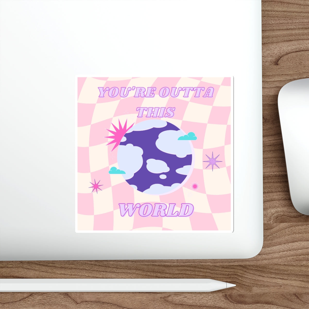 Retro Aesthetic Sticker You're Outta This World, Happy Mind Positivity Die-Cut Sticker, Pink Purple Galaxy Earth Smile Y2K Graphic