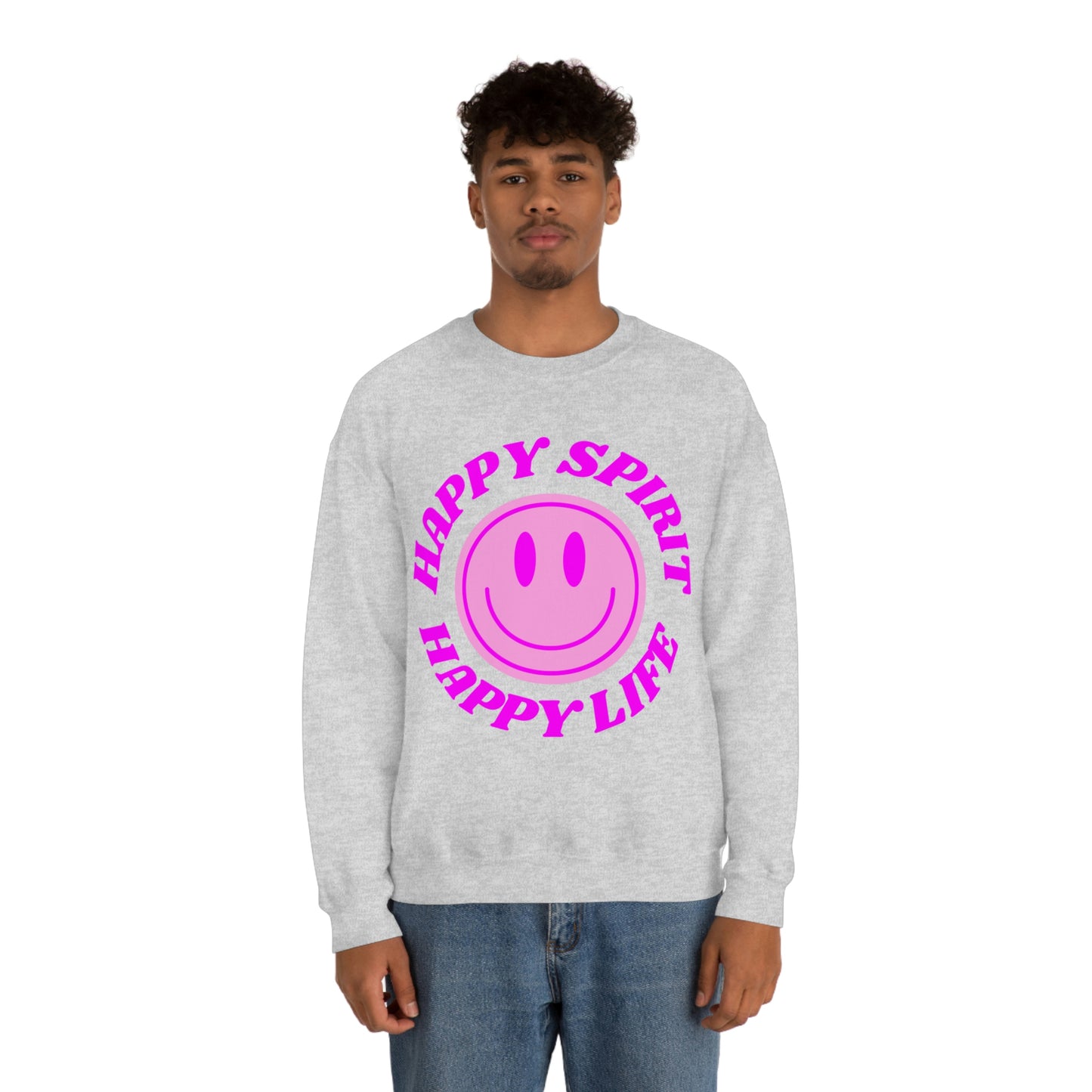 Happy Spirit Happy Life Sweatshirt, VSCO Girl Crewneck, Oversized Retro Font Graphic Tumblr, Front Print Smile Face Trendy Cover Up