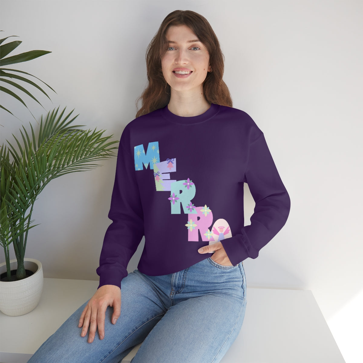 Pastel Christmas Sweatshirt, Holiday VSCO Girl Crewneck, Oversized Xmas Tumblr Sweater, Pastel Playful Letter Print Merry Trendy Sweatshirt