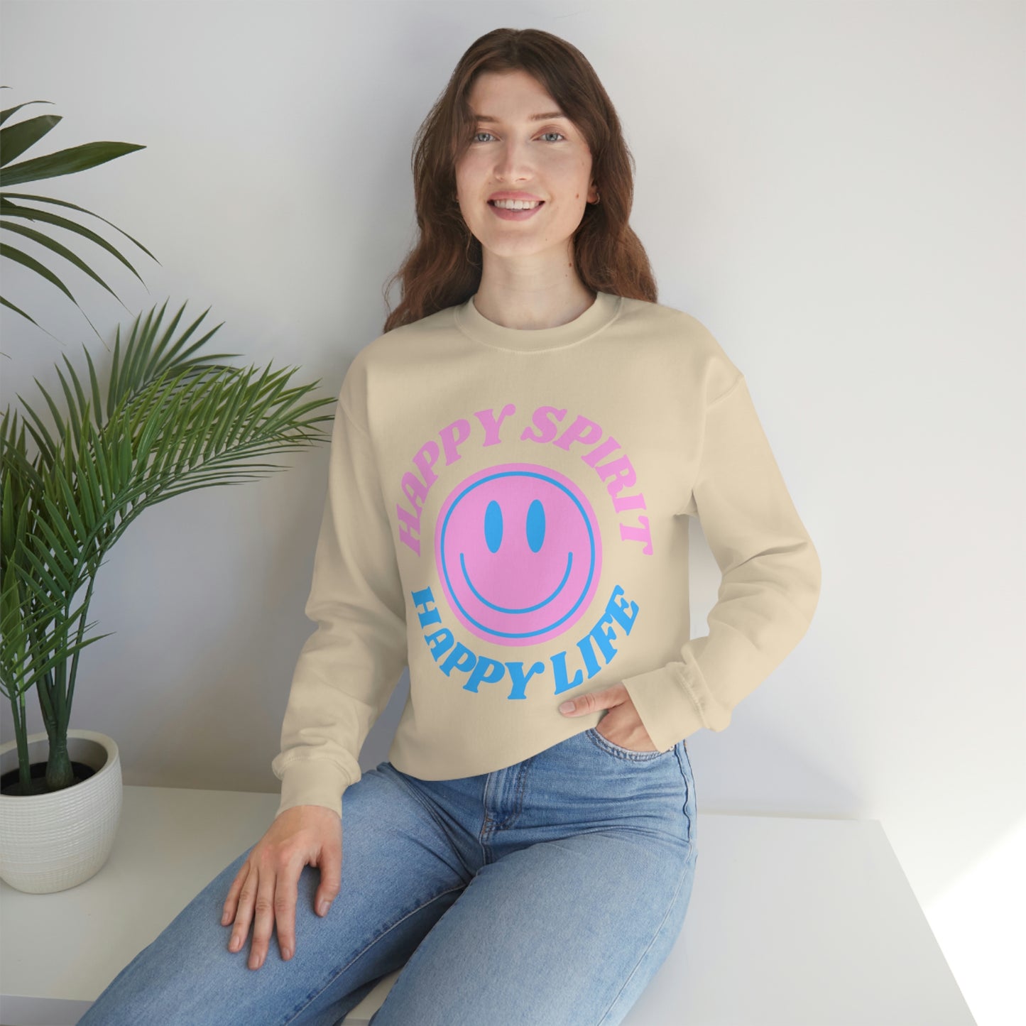 Happy Spirit Happy Life Sweatshirt, VSCO Girl Crewneck, Oversized Retro Font Graphic Tumblr, Front Print Smile Face Trendy Cover Up