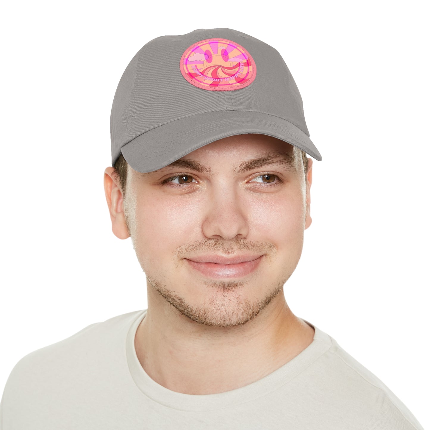 Aesthetic Pink Smile Hat, Pink Twill Dad Hat with Leather Patch (Round), Pink Golf Hat, Pink Twill Cap, Pink Cotton Hat, Pink Baseball Hat