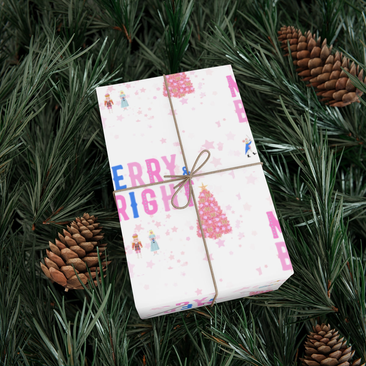 Merry and Bright Gift Wrap Paper, Pink Nutcracker Wrapping Paper, Pastel Christmas Paper, Pink Holiday Wrapping Paper