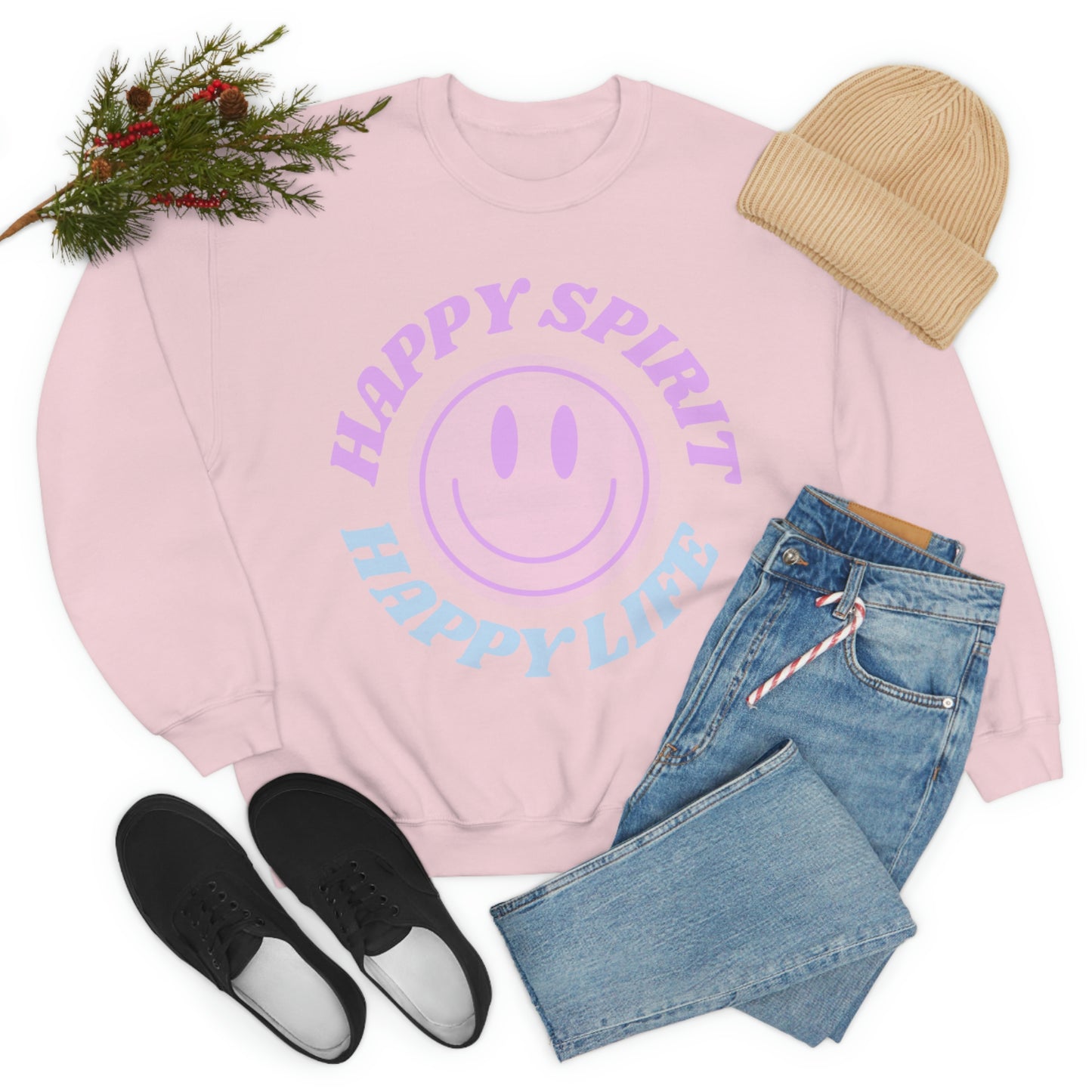 Happy Spirit Happy Life Sweatshirt, VSCO Girl Crewneck, Oversized Retro Font Graphic Tumblr, Front Print Smile Face Trendy Cover Up