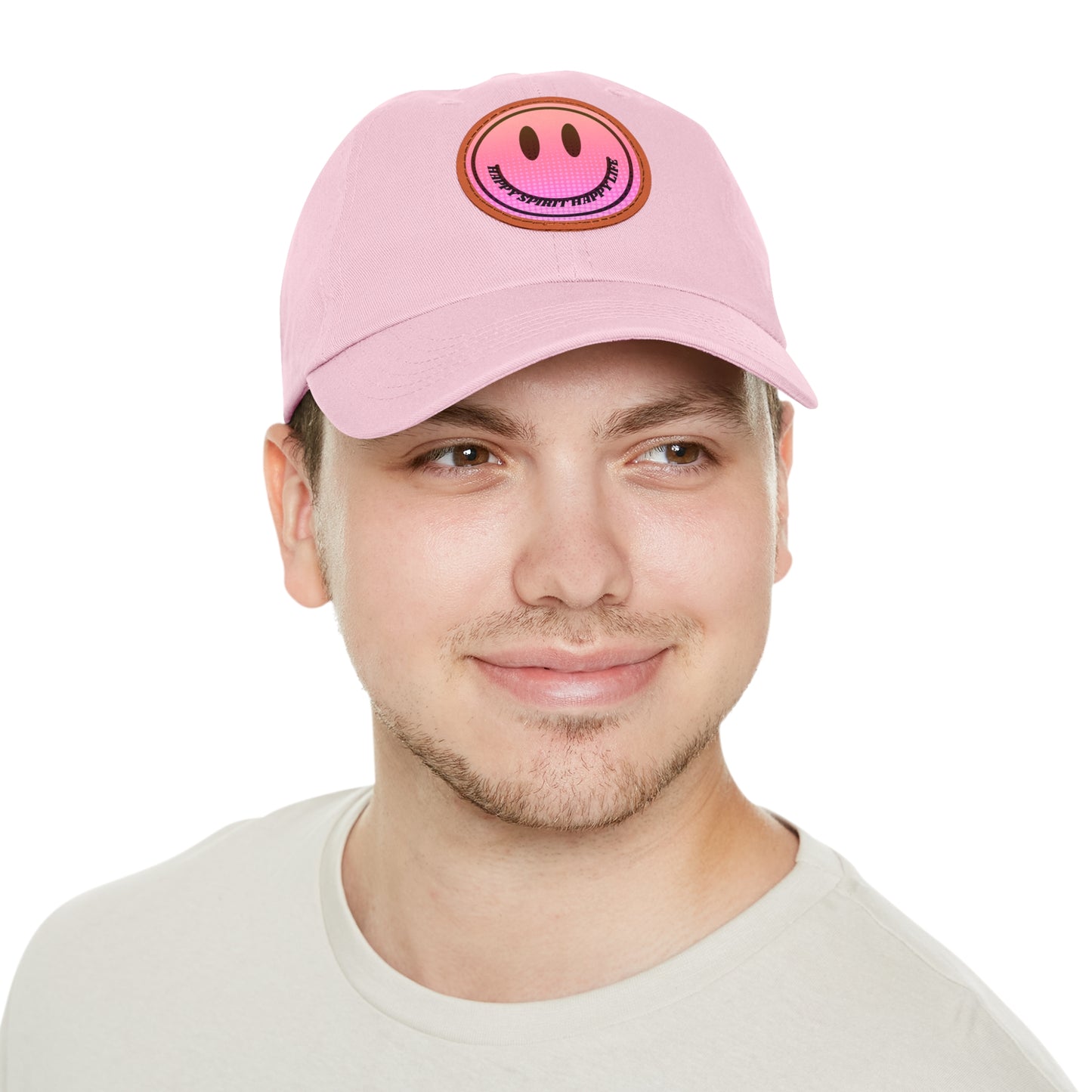 Aesthetic Pink Smile Hat, Pink Twill Dad Hat with Leather Patch (Round), Pink Golf Hat, Pink Twill Cap, Pink Cotton Hat, Pink Baseball Hat