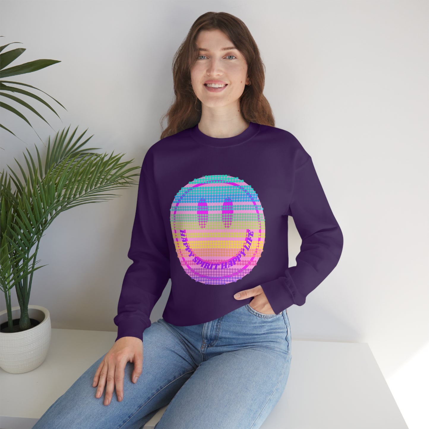 Happy Spirit Happy Life Sweatshirt, VSCO Girl Crewneck, Oversized Retro Font Graphic Tumblr, Front Print Smile Face Trendy Cover Up