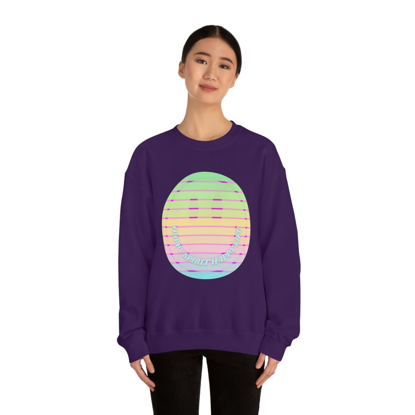 Happy Spirit Happy Life Sweatshirt, VSCO Girl Crewneck, Oversized Retro Font Graphic Tumblr, Front Print Smile Face Trendy Cover Up