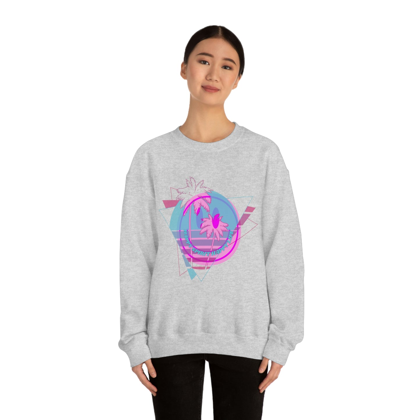 Happy Spirit Happy Life Sweatshirt, VSCO Girl Crewneck, Oversized Retro Font Graphic Tumblr, Front Print Smile Face Trendy Cover Up