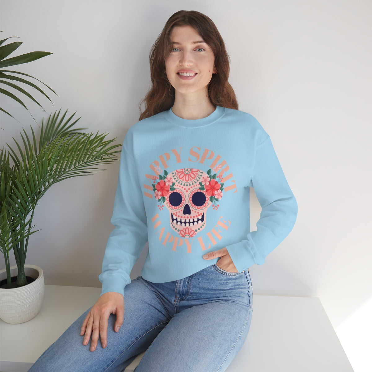 Dia De Los Muertos Crewneck Sweatshirt, Day of the Dead Gift, Happy Spirit Happy Life, Honoring the Dead Aesthetic Candy Skull, Sugar Skull