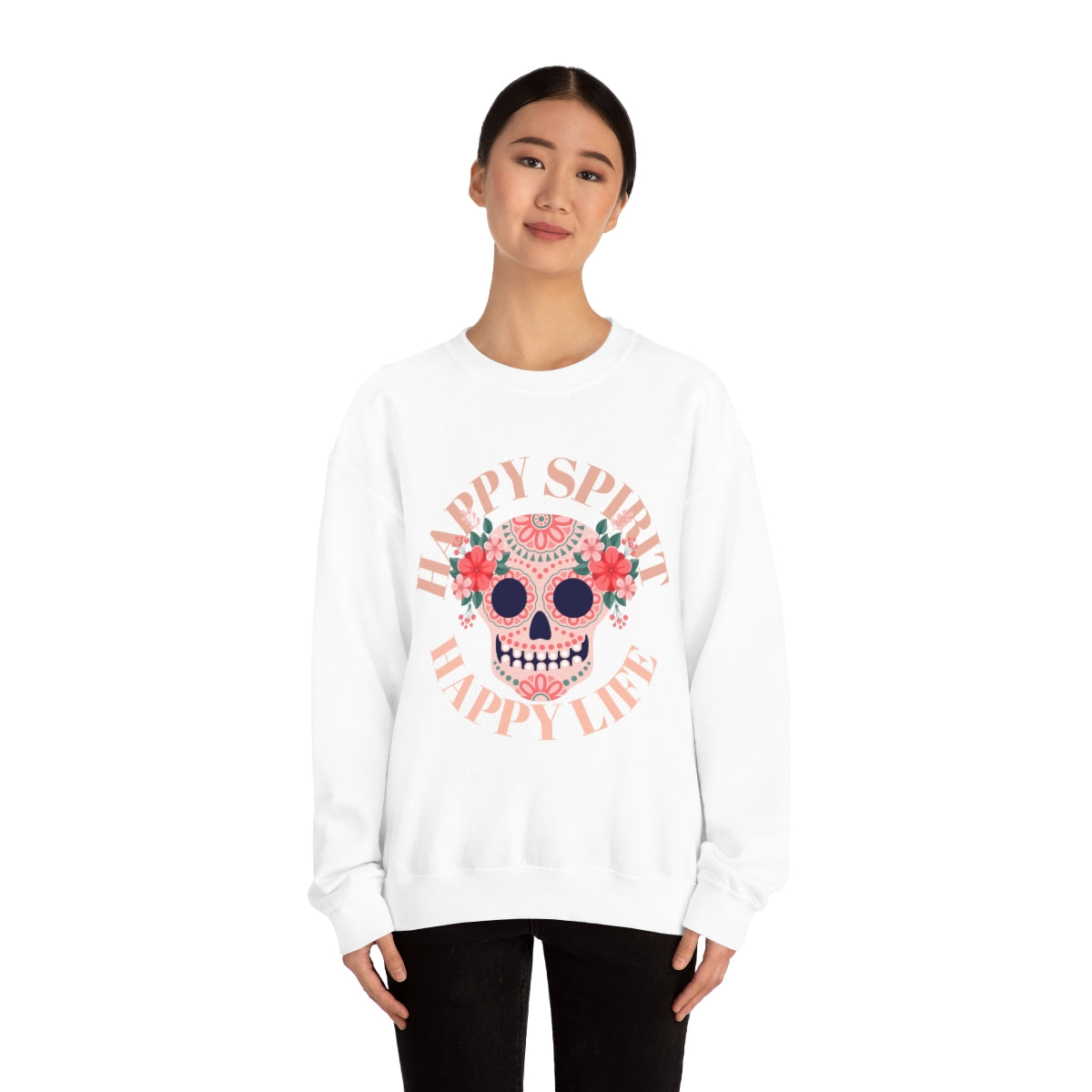 Dia De Los Muertos Crewneck Sweatshirt, Day of the Dead Gift, Happy Spirit Happy Life, Honoring the Dead Aesthetic Candy Skull, Sugar Skull