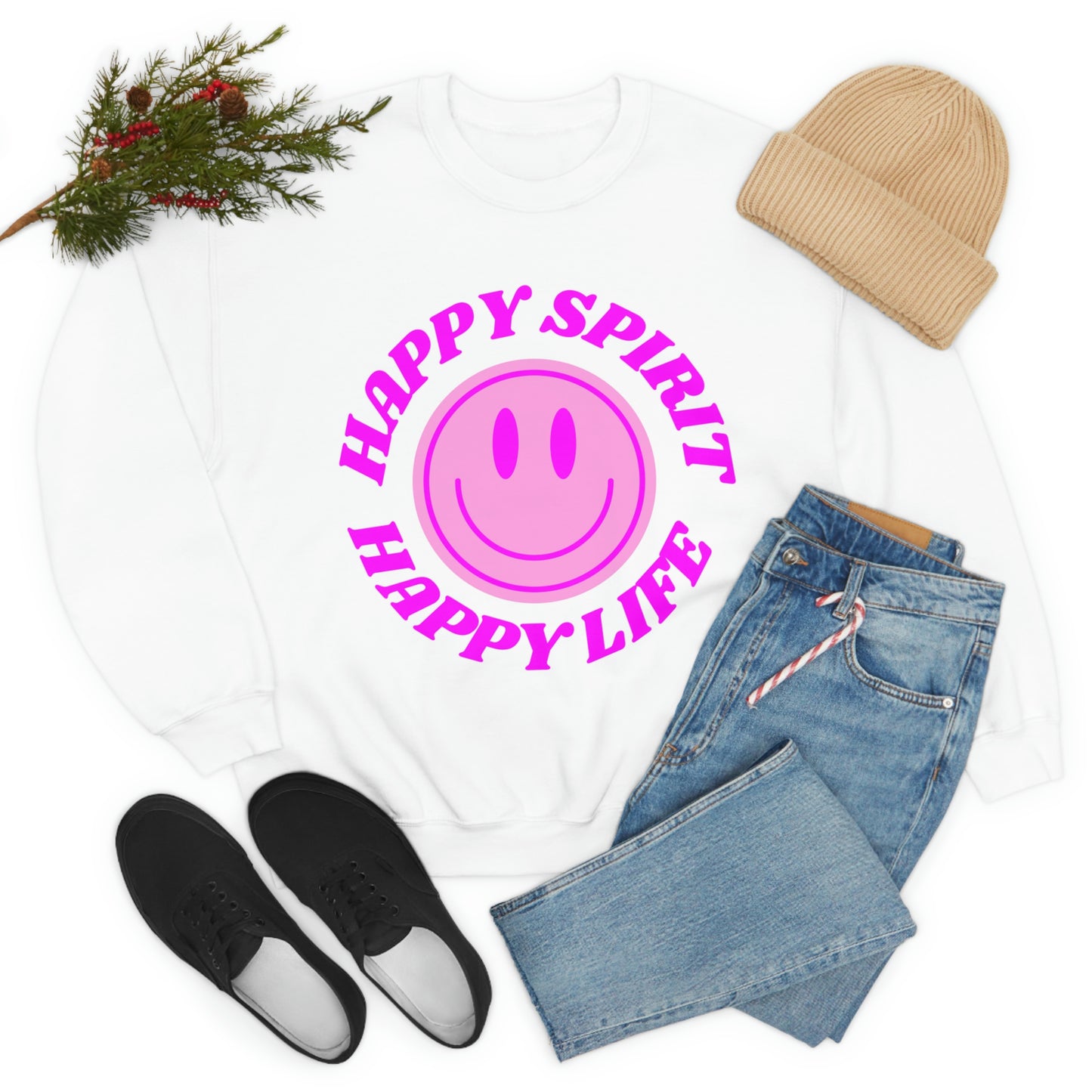 Happy Spirit Happy Life Sweatshirt, VSCO Girl Crewneck, Oversized Retro Font Graphic Tumblr, Front Print Smile Face Trendy Cover Up