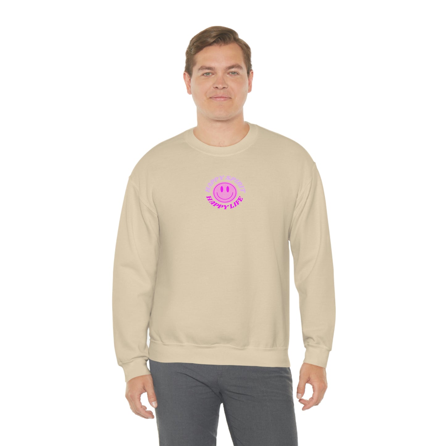 Happy Spirit Happy Life Sweatshirt, Gildan VSCO Girl Crewneck, Oversized Tumblr Front Back Print Smile Happy Mind Trendy Retro Surf Font