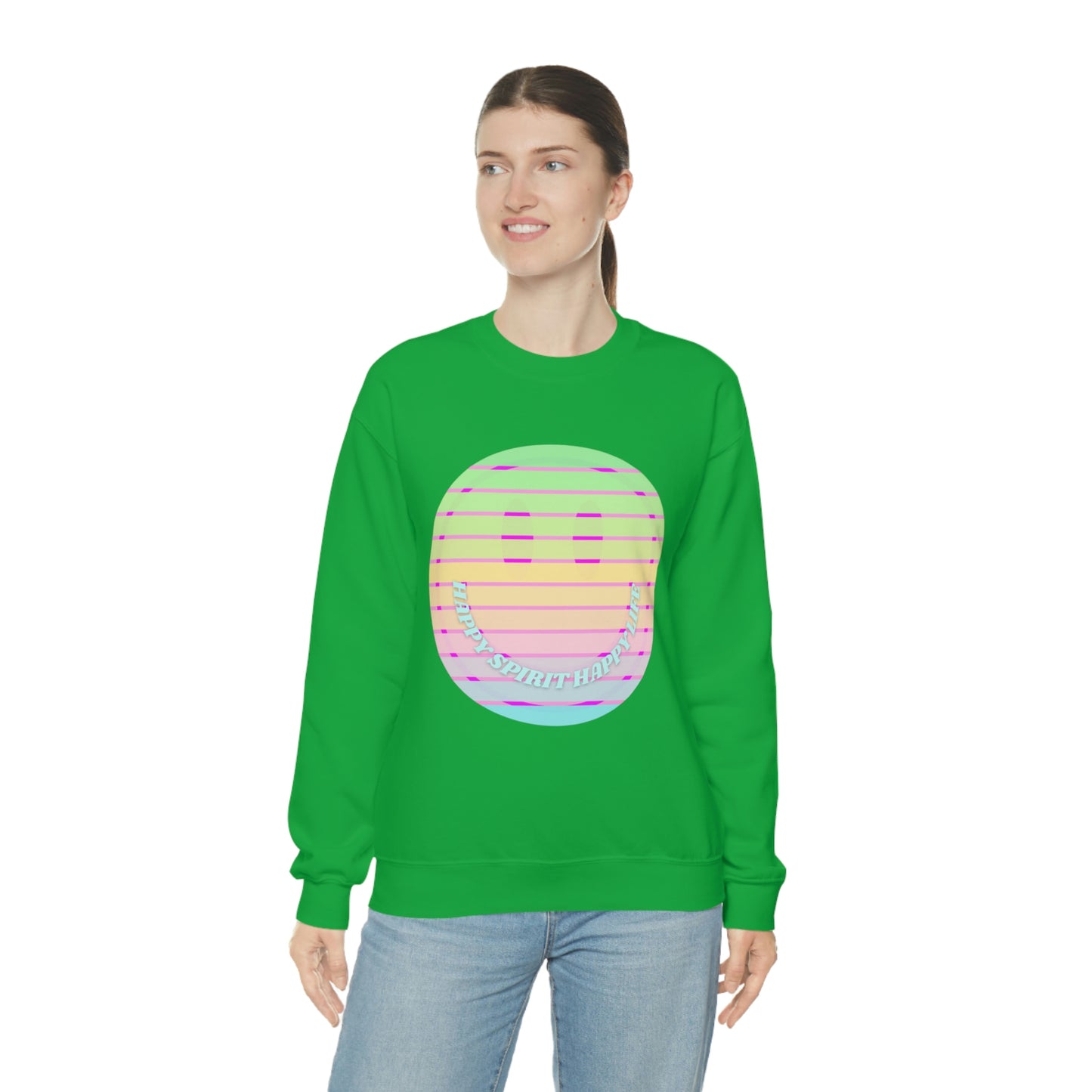 Happy Spirit Happy Life Sweatshirt, VSCO Girl Crewneck, Oversized Retro Font Graphic Tumblr, Front Print Smile Face Trendy Cover Up