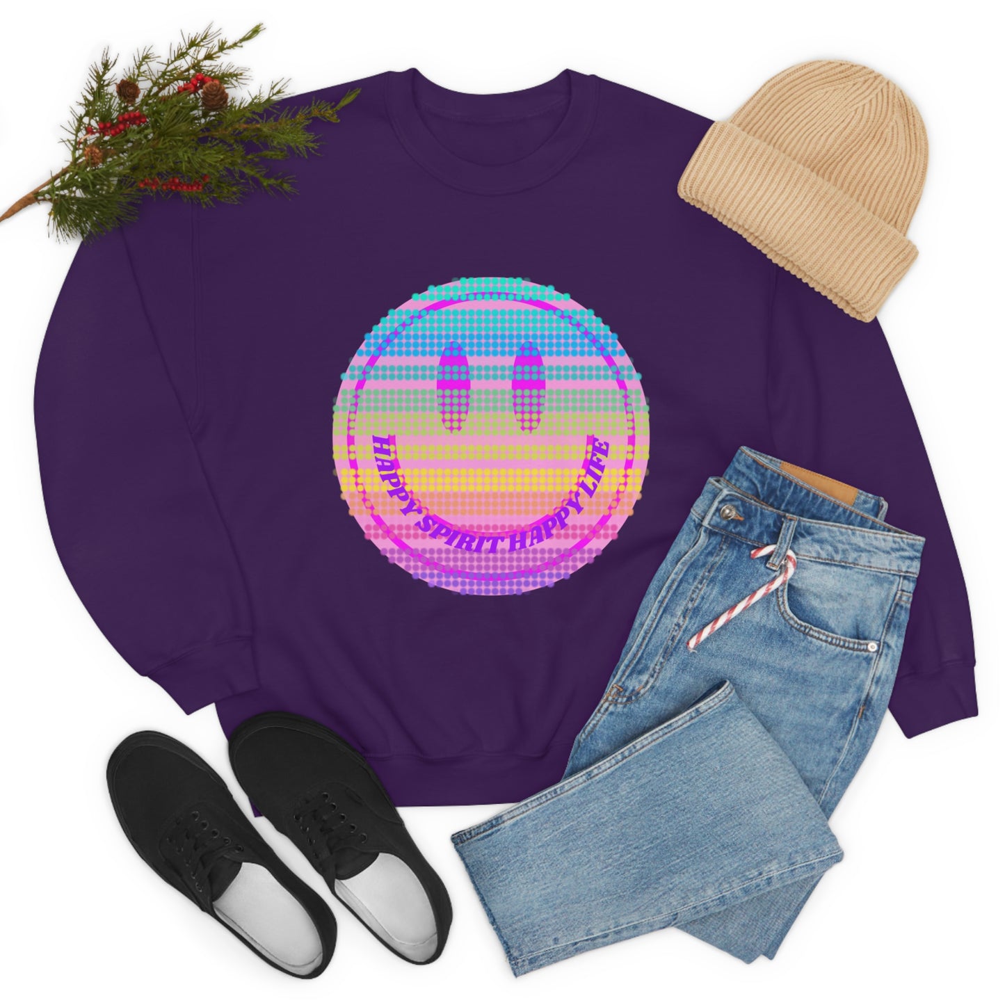 Happy Spirit Happy Life Sweatshirt, VSCO Girl Crewneck, Oversized Retro Font Graphic Tumblr, Front Print Smile Face Trendy Cover Up