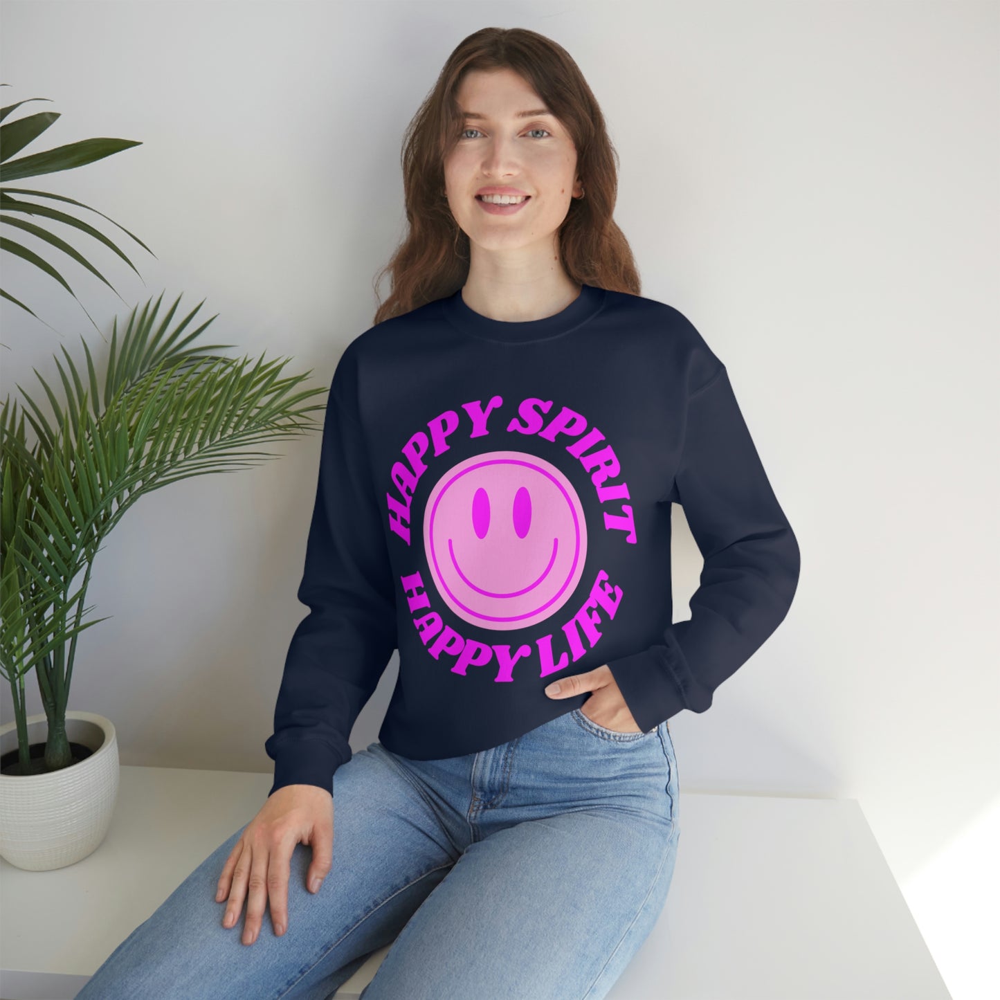 Happy Spirit Happy Life Sweatshirt, VSCO Girl Crewneck, Oversized Retro Font Graphic Tumblr, Front Print Smile Face Trendy Cover Up