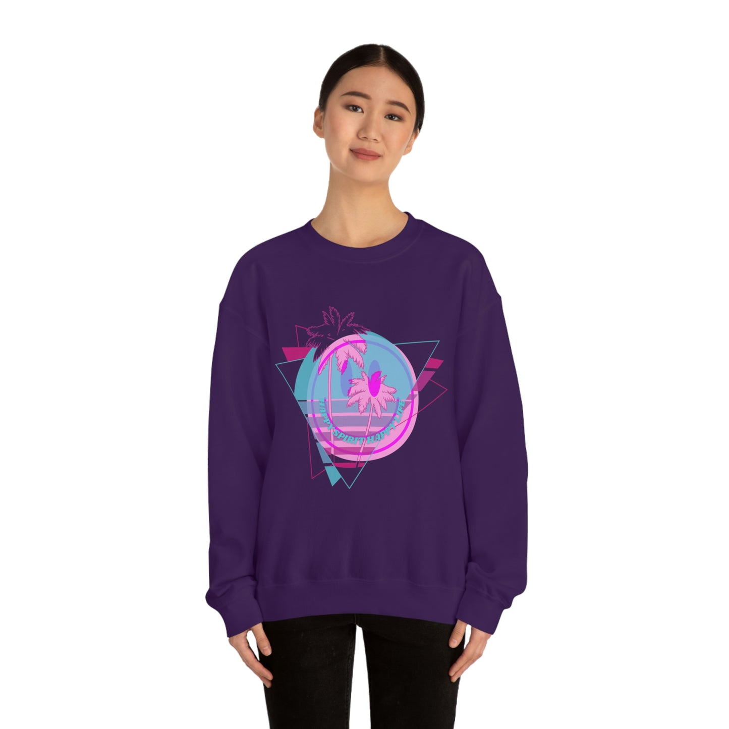 Happy Spirit Happy Life Sweatshirt, VSCO Girl Crewneck, Oversized Retro Font Graphic Tumblr, Front Print Smile Face Trendy Cover Up