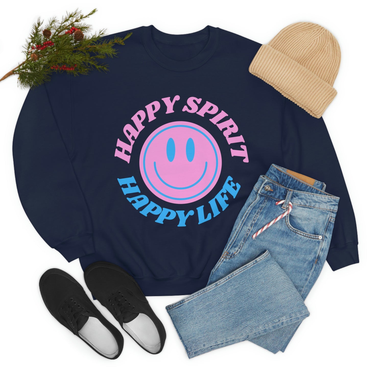 Happy Spirit Happy Life Sweatshirt, VSCO Girl Crewneck, Oversized Retro Font Graphic Tumblr, Front Print Smile Face Trendy Cover Up