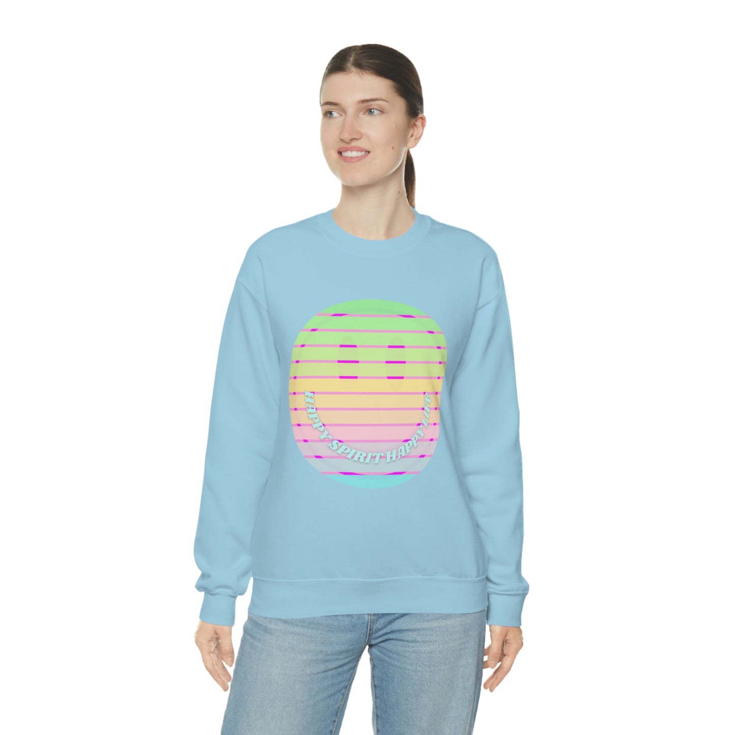 Happy Spirit Happy Life Sweatshirt, VSCO Girl Crewneck, Oversized Retro Font Graphic Tumblr, Front Print Smile Face Trendy Cover Up